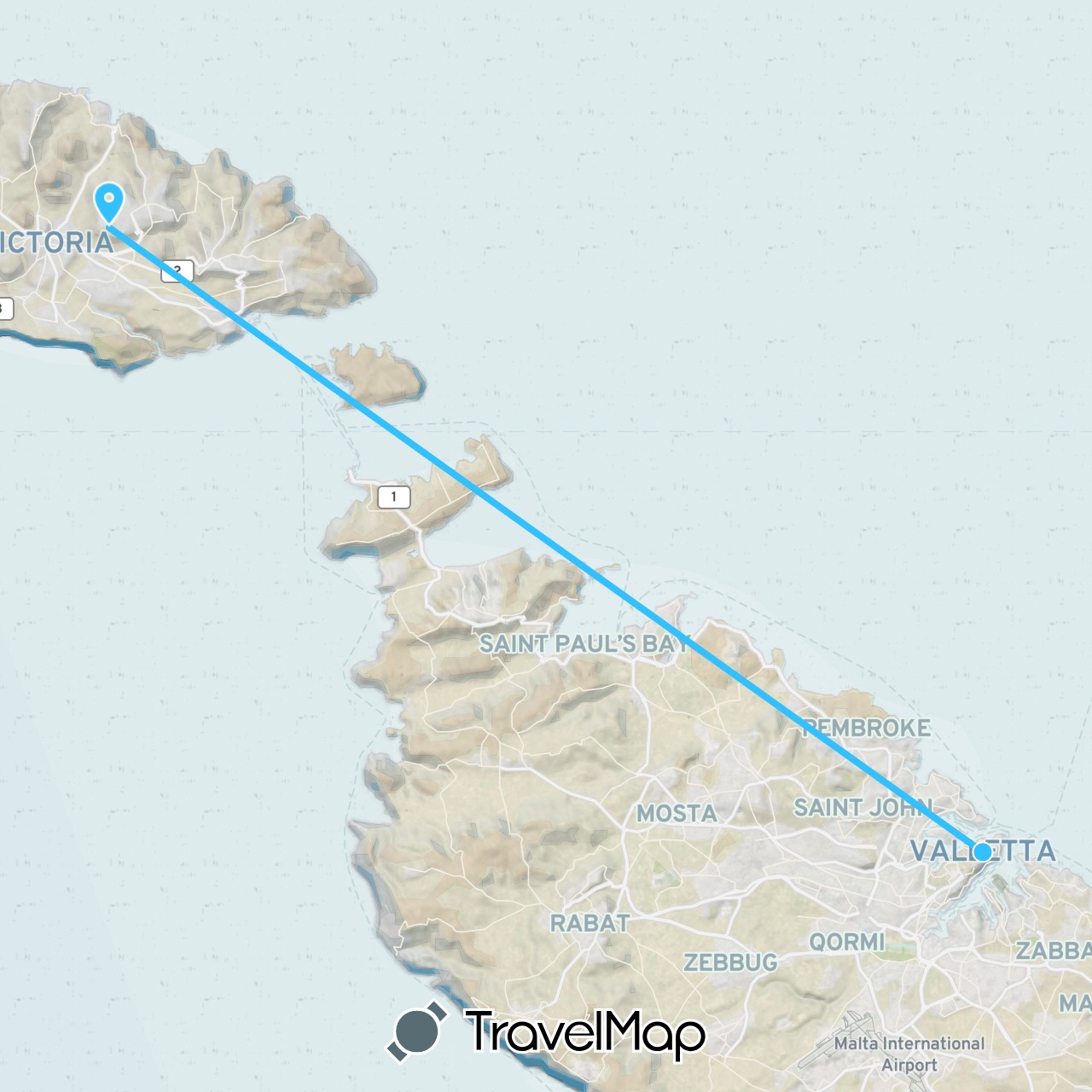 TravelMap itinerary: driving, boat in Malta (Europe)