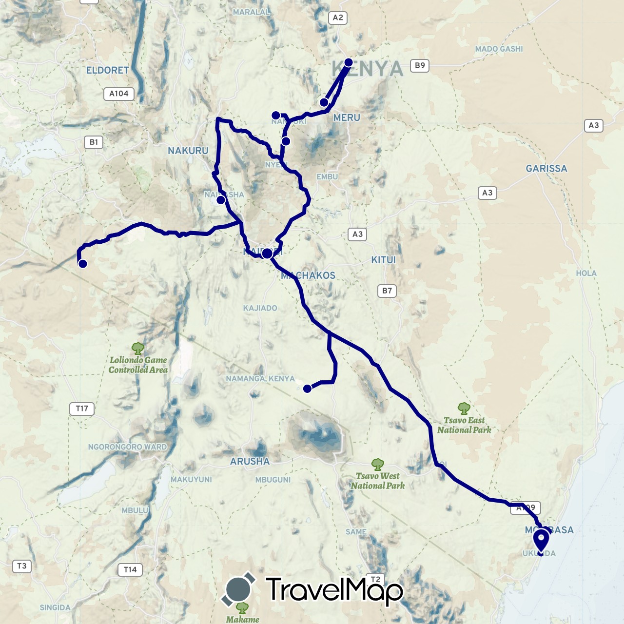 TravelMap itinerary: driving in Kenya (Africa)