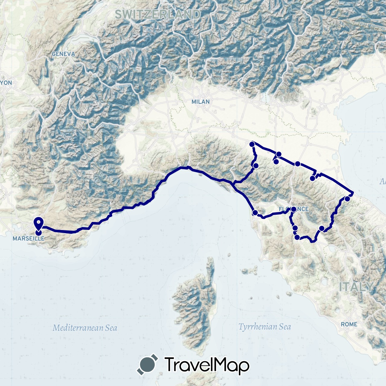 TravelMap itinerary: driving in France, Italy, San Marino (Europe)
