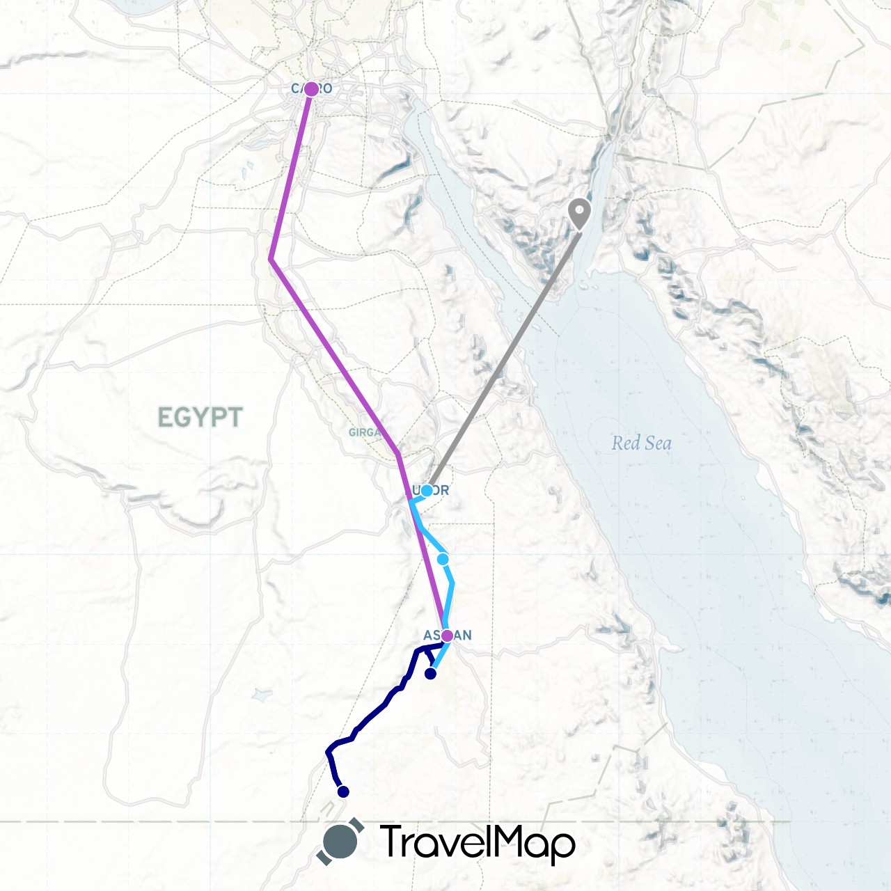 TravelMap itinerary: driving, plane, train, boat in Egypt (Africa)