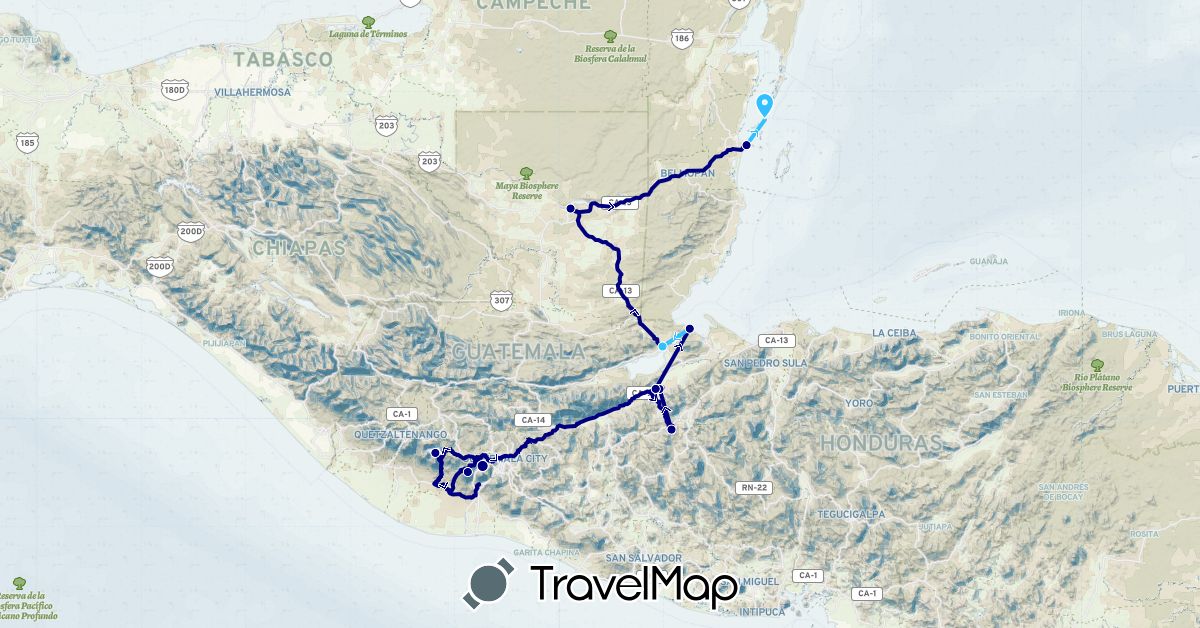 TravelMap itinerary: driving, boat in Belize, Guatemala, Honduras (North America)