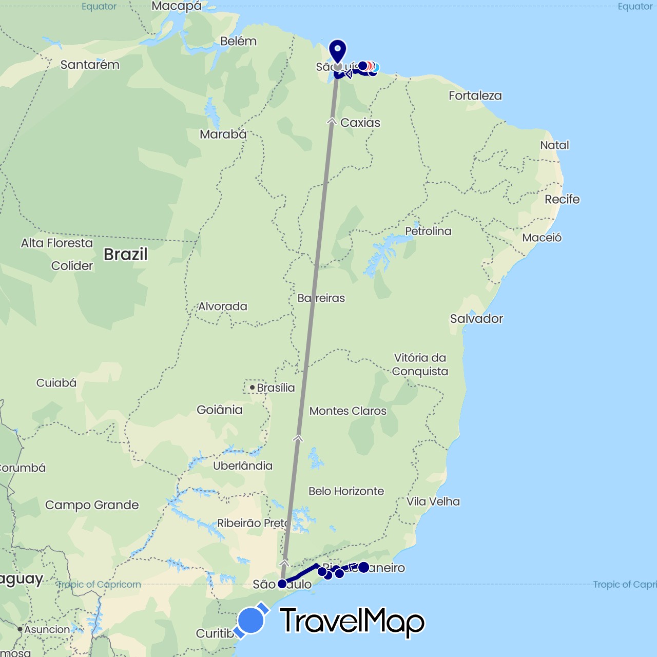 TravelMap itinerary: driving, plane, hiking, boat in Brazil (South America)