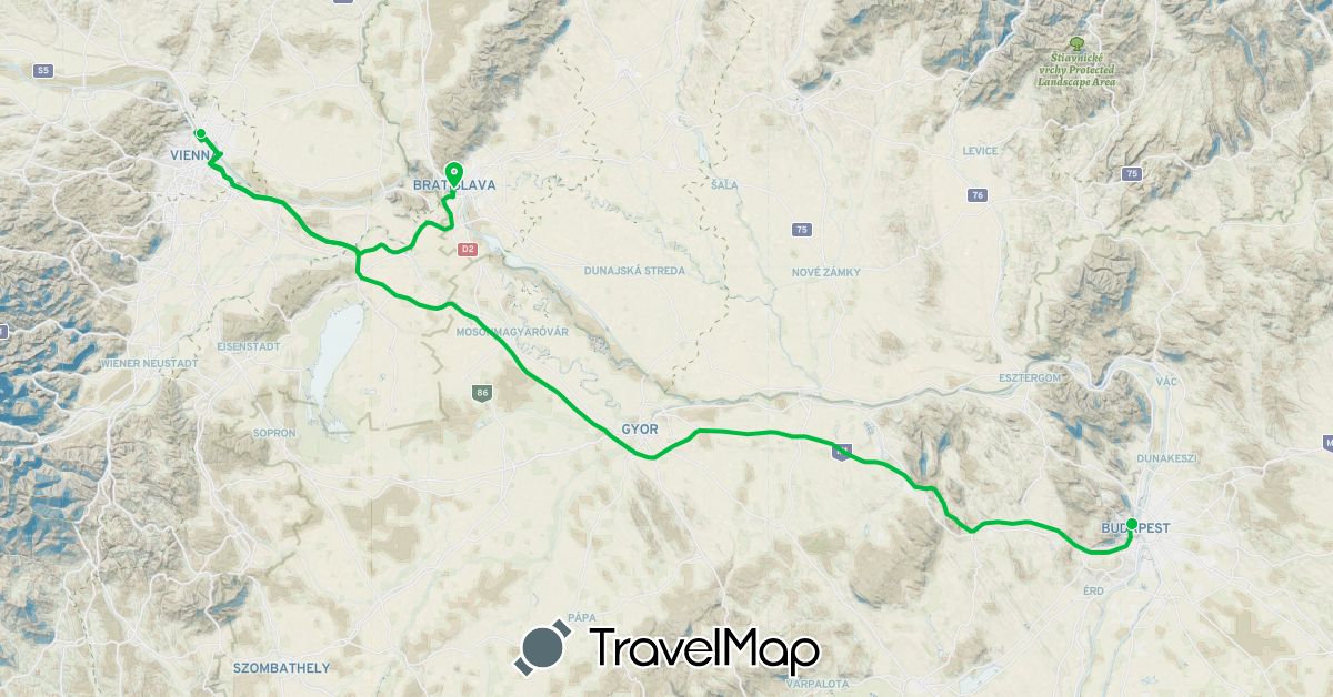 TravelMap itinerary: bus, plane in Austria, Hungary, Slovakia (Europe)