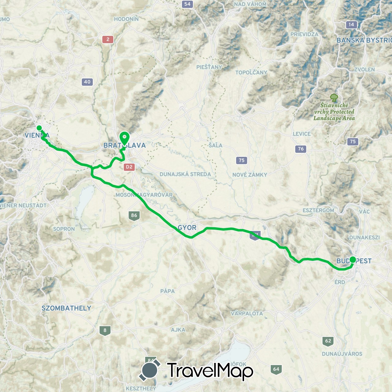 TravelMap itinerary: bus, plane in Austria, Hungary, Slovakia (Europe)