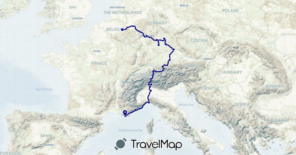 TravelMap itinerary: driving in Austria, Belgium, Switzerland, Germany, France, Italy, Liechtenstein, Monaco (Europe)