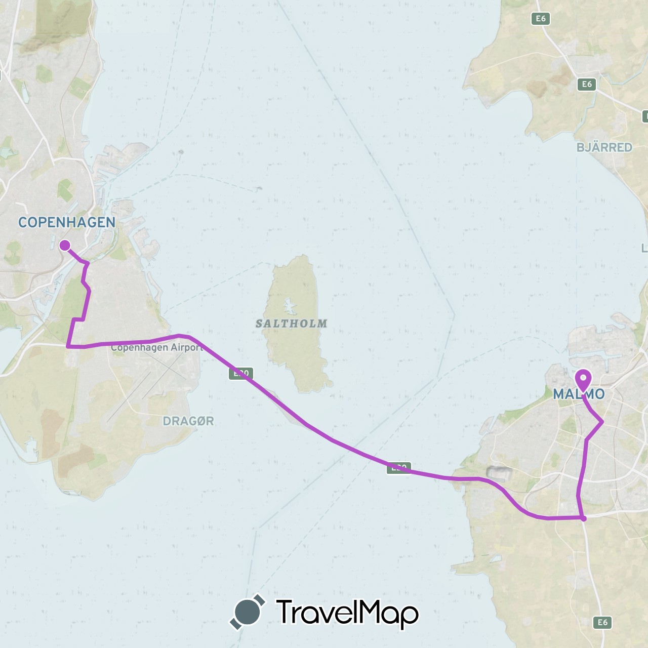 TravelMap itinerary: driving, train in Denmark, Sweden (Europe)
