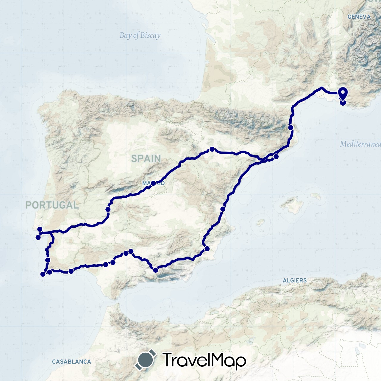 TravelMap itinerary: driving in Spain, France, Portugal (Europe)