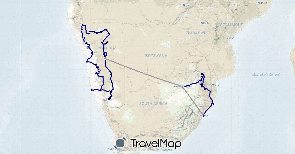 TravelMap itinerary: driving, plane in Namibia, Swaziland, South Africa (Africa)