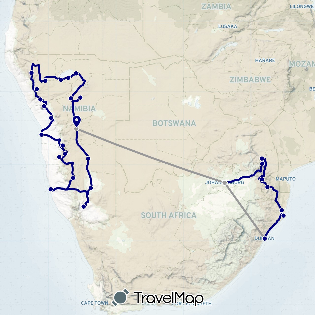 TravelMap itinerary: driving, plane in Namibia, Swaziland, South Africa (Africa)