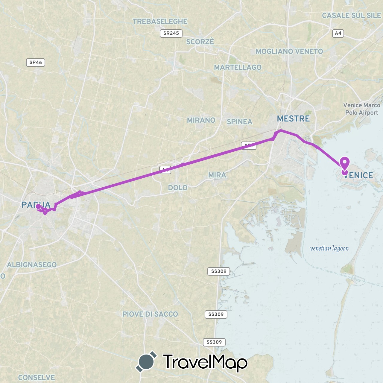 TravelMap itinerary: driving, train in Italy (Europe)