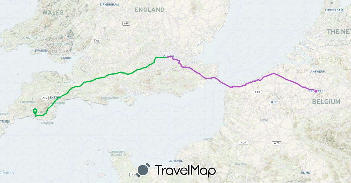 TravelMap itinerary: driving, bus, train in Belgium, United Kingdom (Europe)