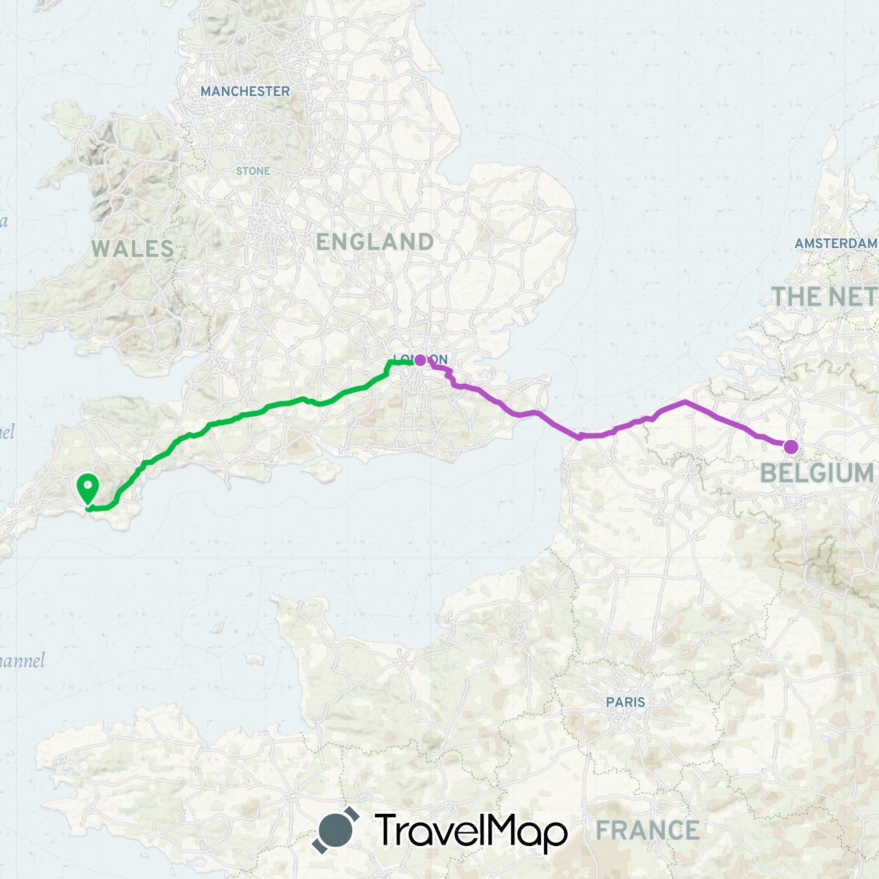 TravelMap itinerary: driving, bus, train in Belgium, United Kingdom (Europe)